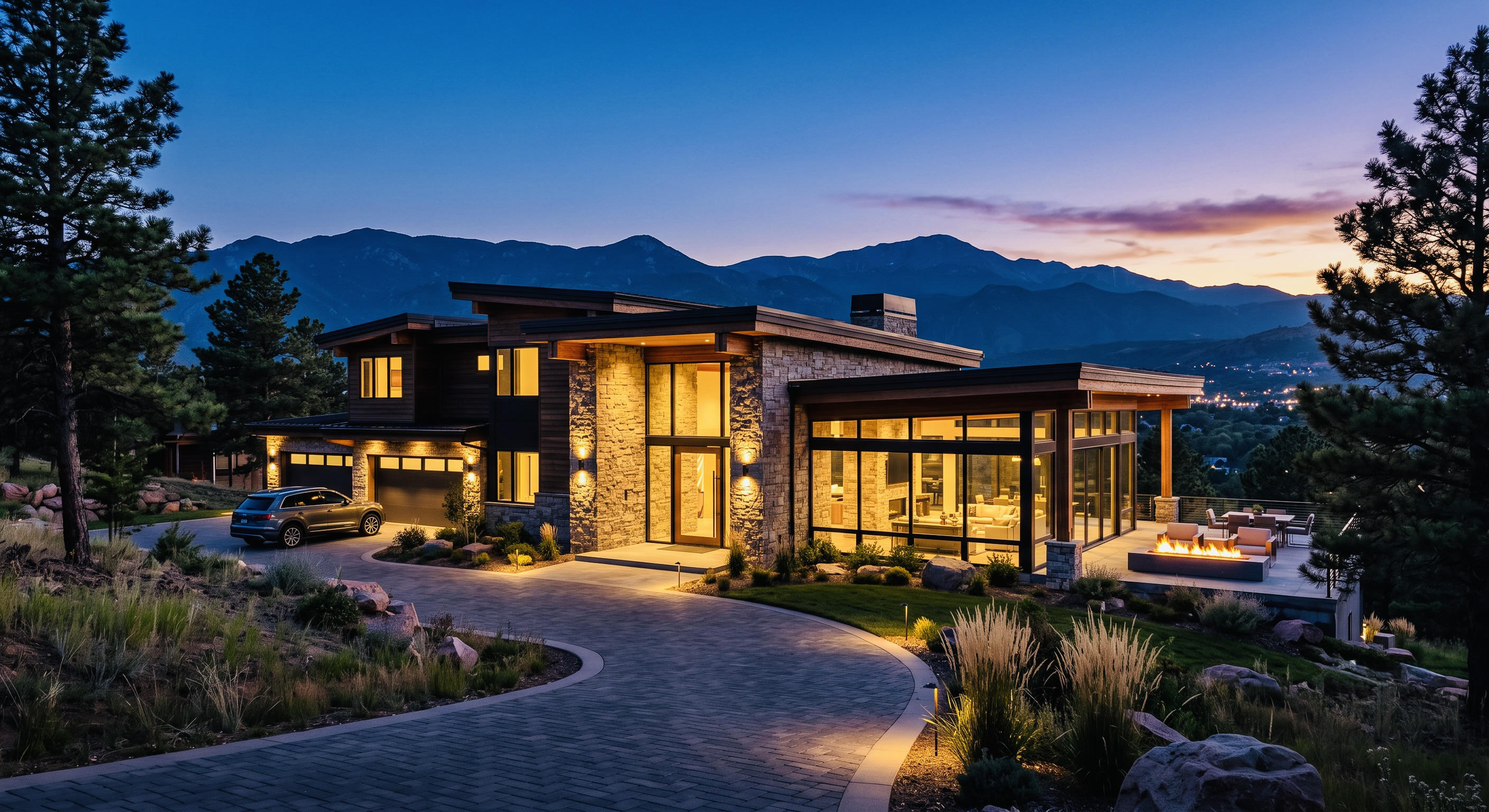 Mountain-modern home at dusk in the Colorado Springs area