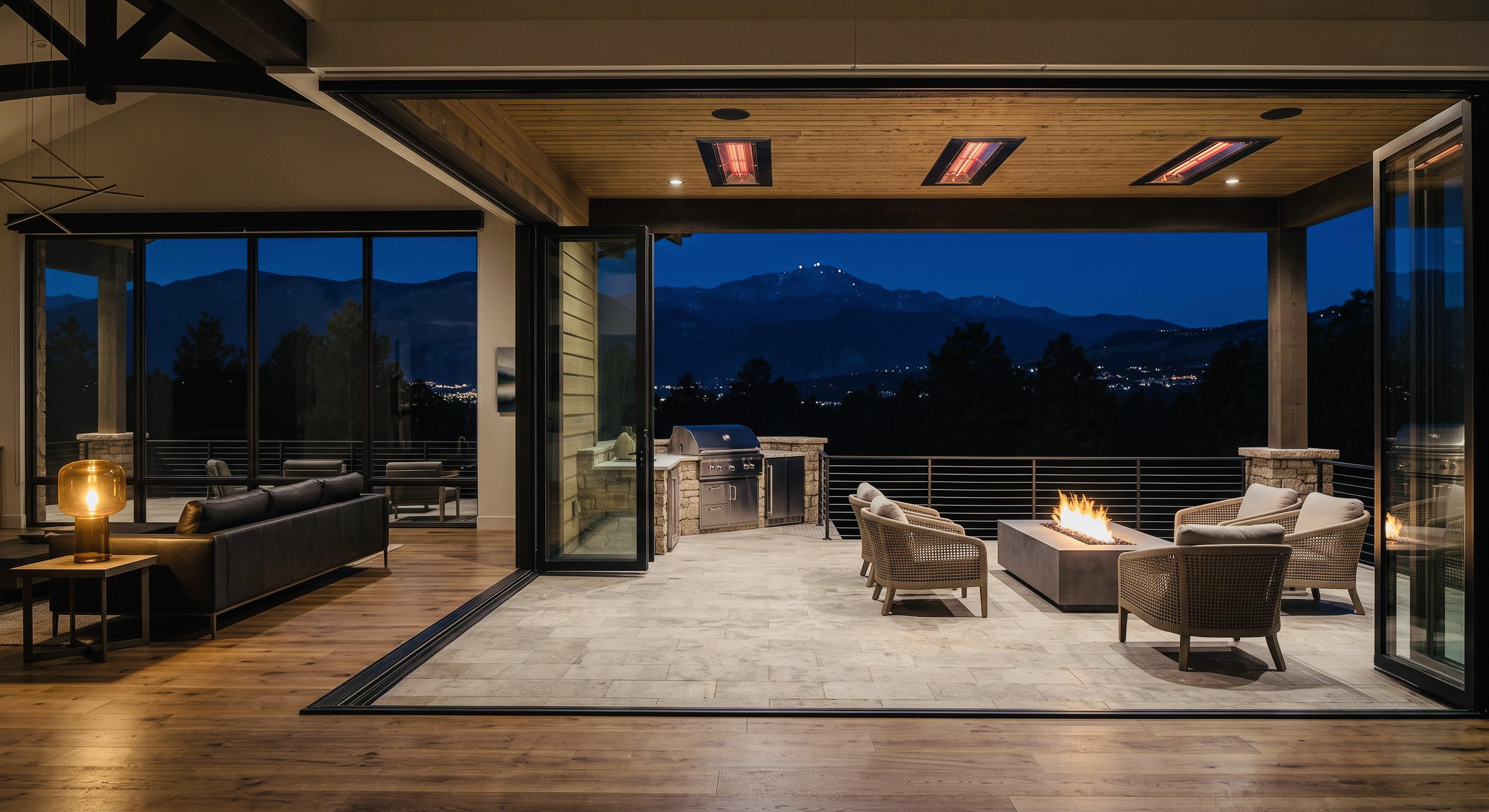 Indoor-outdoor living space with a fire pit